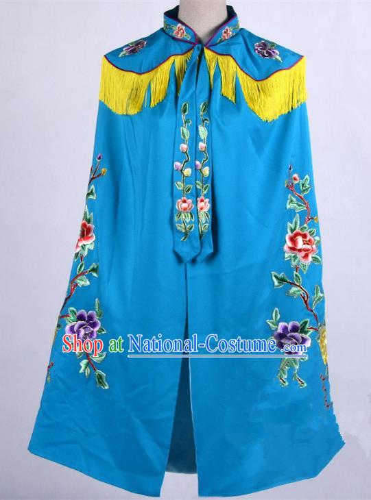 Top Grade Professional Beijing Opera Female General Costume Swordplay Blue Embroidered Cloak, Traditional Ancient Chinese Peking Opera Mu Guiying Embroidery Mantle Clothing