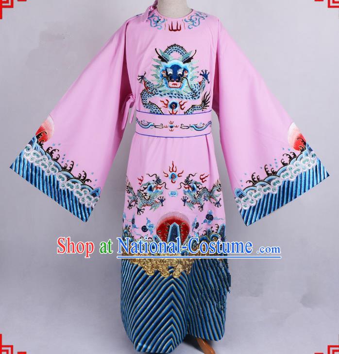 Top Grade Professional Beijing Opera Emperor Costume General Pink Silk Embroidered Robe and Belts, Traditional Ancient Chinese Peking Opera Royal Highness Embroidery Dragons Clothing