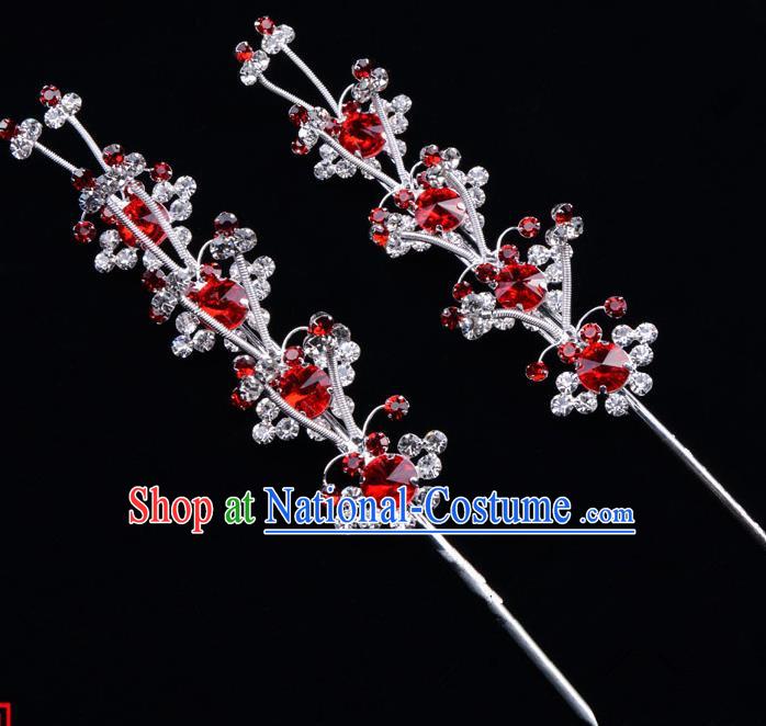 Traditional Beijing Opera Diva Hair Accessories Red Crystal Hairpins, Ancient Chinese Peking Opera Hua Tan Hair Stick Headwear