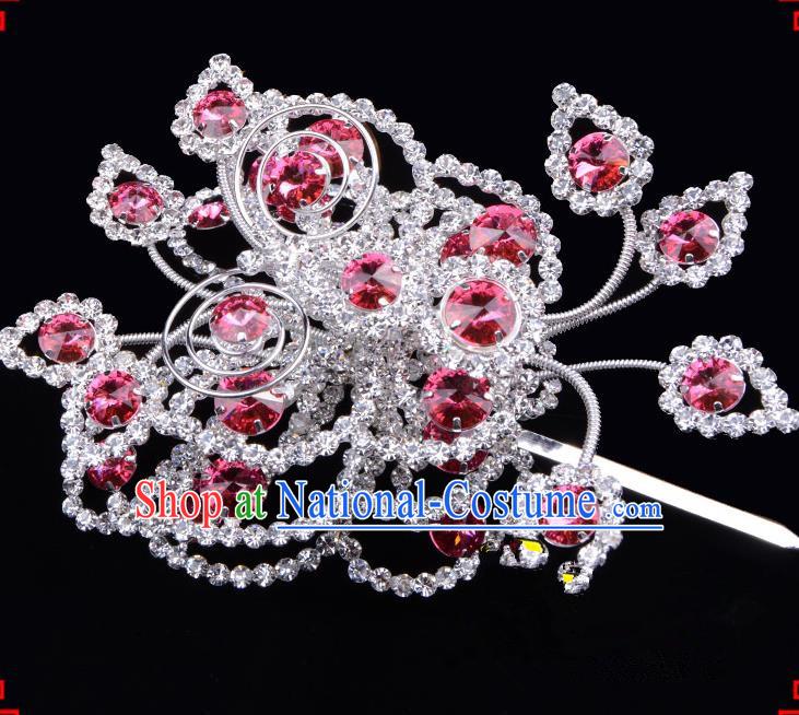 Traditional Beijing Opera Diva Hair Accessories Pink Crystal Butterfly Large Hairpins, Ancient Chinese Peking Opera Hua Tan Hair Stick Headwear