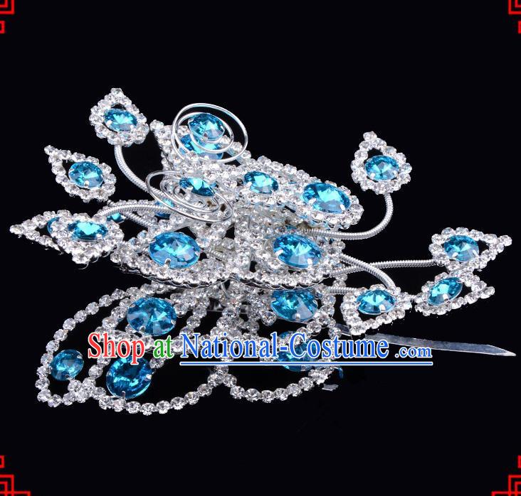 Traditional Beijing Opera Diva Hair Accessories Blue Crystal Butterfly Large Hairpins, Ancient Chinese Peking Opera Hua Tan Hair Stick Headwear