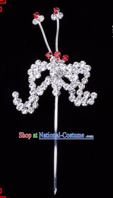 Traditional Beijing Opera Diva Hair Accessories Crystal Bat Hairpins, Ancient Chinese Peking Opera Hua Tan Hair Stick Headwear