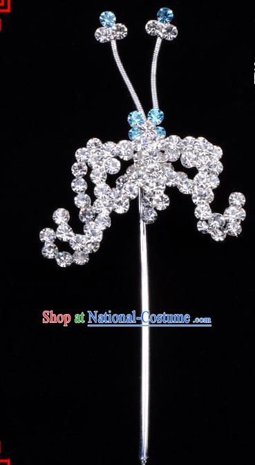 Traditional Beijing Opera Diva Hair Accessories Blue Crystal Bat Hairpins, Ancient Chinese Peking Opera Hua Tan Hair Stick Headwear