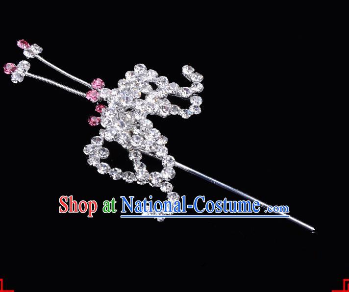 Traditional Beijing Opera Diva Hair Accessories Pink Crystal Bat Hairpins, Ancient Chinese Peking Opera Hua Tan Hair Stick Headwear