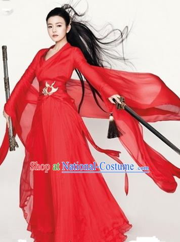 Traditional Ancient Chinese Han Dynasty Swordswoman Wedding Costume, Elegant Hanfu Clothing Chinese Fairy Red Dress Little Dragon Maiden Clothing