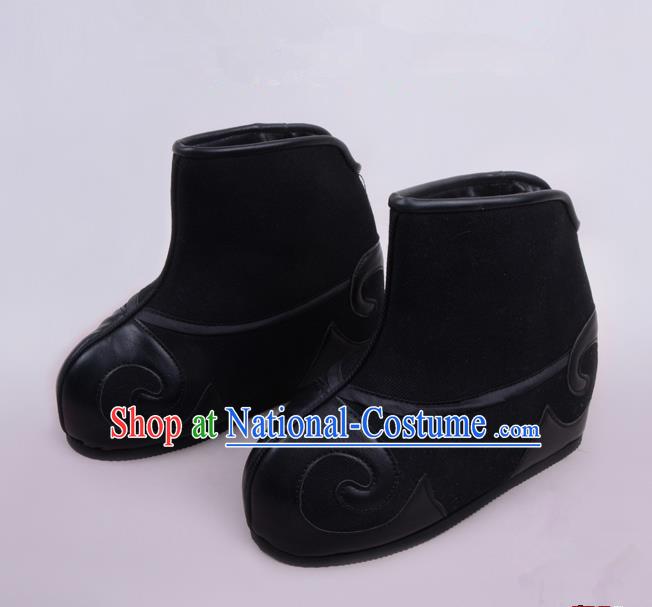 Traditional Beijing Opera Takefu Shoes Young Men Warrior Black Quick Boots, Ancient Chinese Peking Opera Wu-Sheng Shoes