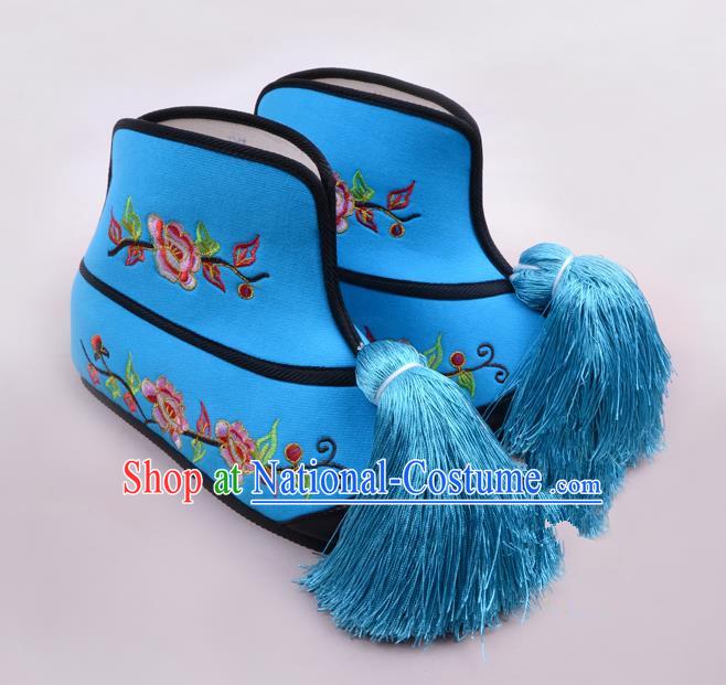 Traditional Beijing Opera Swordplay Embroidered Blue Boots Young Lady Shoes, Ancient Chinese Peking Opera Blues Shoes