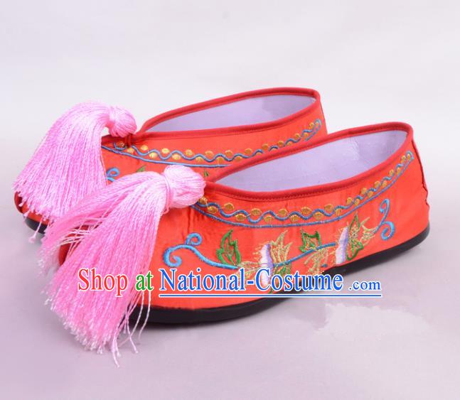 Traditional Beijing Opera Hua Tan Rosy Embroidered Shoes Princess Shoes, Ancient Chinese Peking Opera Diva Blood Stained Shoes