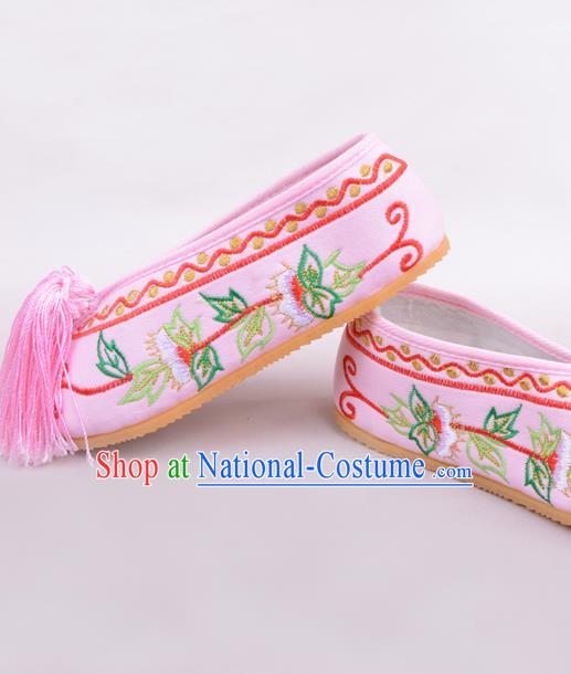 Traditional Beijing Opera Hua Tan Pink Embroidered Shoes Young Lady Princess Shoes, Ancient Chinese Peking Opera Diva Blood Stained Shoes