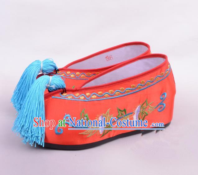 Traditional Beijing Opera Hua Tan Embroidered Shoes Princess Red Shoes, Ancient Chinese Peking Opera Diva Blood Stained Shoes