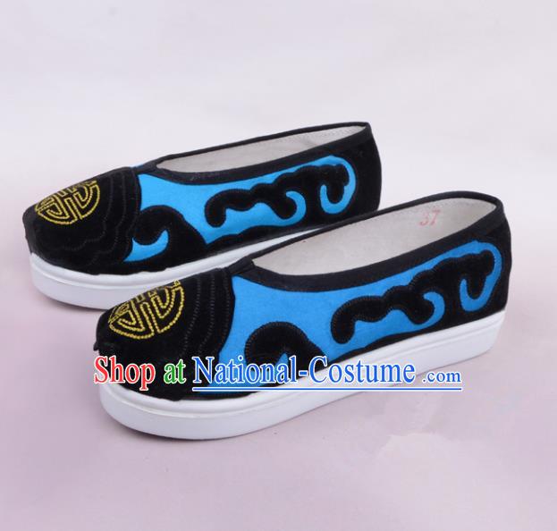 Traditional Beijing Opera Cloth Shoes Old Women Blue Shoes, Ancient Chinese Peking Opera Pantaloonn Flange Shoes