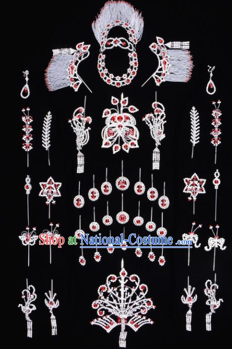 Traditional Beijing Opera Diva Hair Accessories Red Crystal Butterfly Head Ornaments Complete Set, Ancient Chinese Peking Opera Hua Tan Hairpins Phoenix Step Shake Headwear