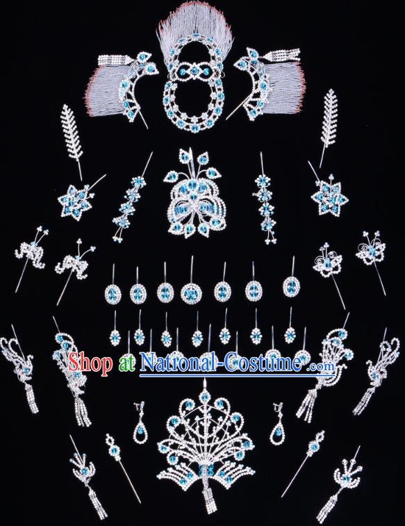 Traditional Beijing Opera Diva Hair Accessories Blue Crystal Butterfly Head Ornaments Complete Set, Ancient Chinese Peking Opera Hua Tan Hairpins Phoenix Step Shake Headwear