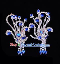 Traditional Beijing Opera Diva Hair Accessories Royalblue Crystal Head Ornaments Phoenix Step Shake, Ancient Chinese Peking Opera Hua Tan Hairpins Headwear