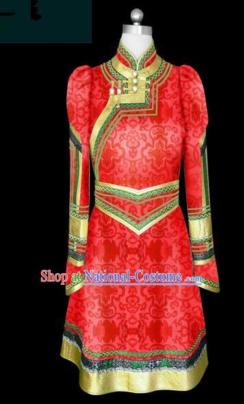 Traditional Chinese Mongol Nationality Wedding Costume Female Red Mongolian Robe, Chinese Mongolian Minority Nationality Princess Embroidery Costume for Women