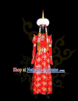 Traditional Chinese Mongol Nationality Costume Female Red Wedding Mongolian Robe, Chinese Mongolian Minority Nationality Princess Embroidery Costume for Women