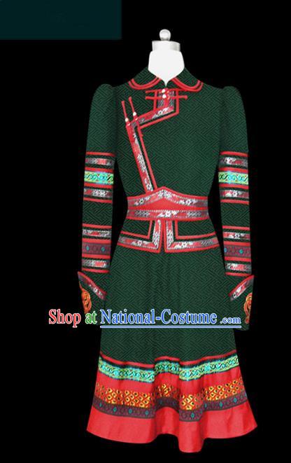 Traditional Chinese Mongol Nationality Costume Princess Green Dress Mongolian Robe, Chinese Mongolian Minority Nationality Embroidery Clothing for Women