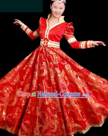 Traditional Chinese Mongol Nationality Dance Costume Princess Wedding Pleated Dress, Chinese Mongolian Minority Nationality Embroidery Costume for Women