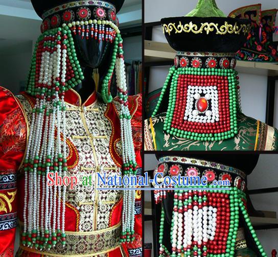 Traditional Chinese Mongol Nationality Dance Costume Mongols Folk Dance Robe Mongolian Minority  Costume and headwear