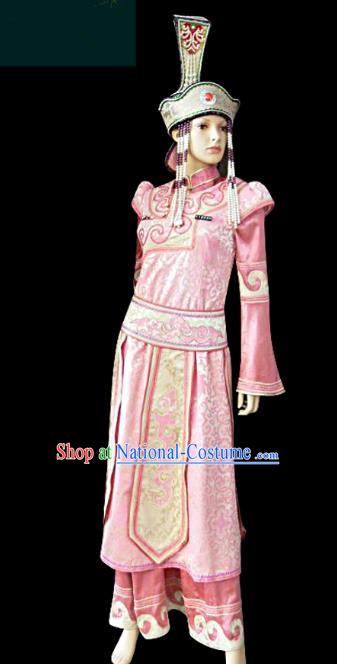 Traditional Chinese Mongol Nationality Dance Costume Princess Pink Dress, Chinese Mongolian Minority Nationality Embroidery Clothing for Women