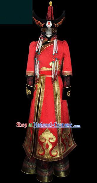 Traditional Chinese Mongol Nationality Dance Costume Princess Red Wedding Dress, Chinese Mongolian Minority Nationality Embroidery Mongolian Robe Clothing for Women