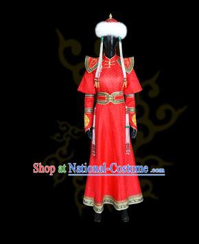 Traditional Chinese Mongol Nationality Dance Costume Princess Red Dress, Chinese Mongolian Minority Nationality Embroidery Mongolian Robe Clothing for Women