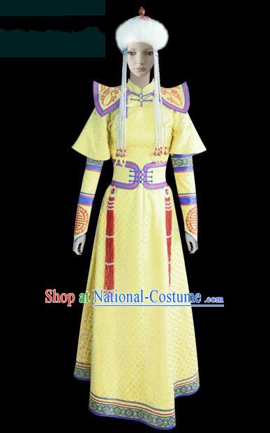 Traditional Chinese Mongol Nationality Dance Costume Princess Yellow Dress, Chinese Mongolian Minority Nationality Embroidery Mongolian Robe Clothing for Women