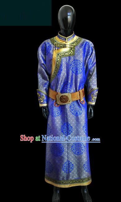 Traditional Chinese Mongol Nationality Dance Costume Royalblue Mongolian Robe, Chinese Mongolian Minority Nationality Royal Highness Embroidery Costume for Men