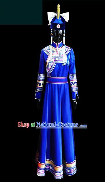 Traditional Chinese Mongol Nationality Dance Costume Female Blue Mongolian Robe, Chinese Mongolian Minority Nationality Princess Embroidery Costume for Women