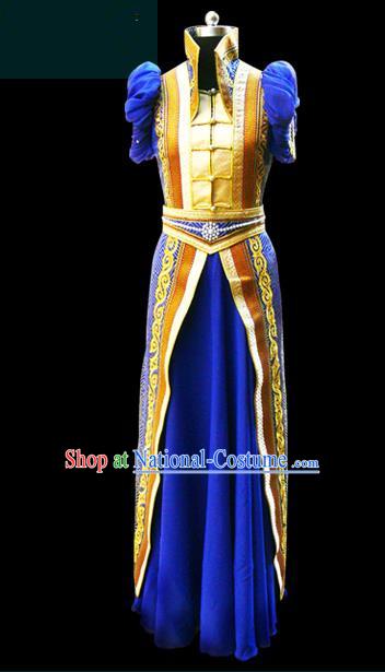 Traditional Chinese Mongol Nationality Dance Costume Female Royalblue Mongolian Robe, Chinese Mongolian Minority Nationality Princess Embroidery Costume for Women