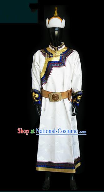 Traditional Chinese Mongol Nationality Dance Costume White Mongolian Robe, Chinese Mongolian Minority Nationality Prince Embroidery Costume for Men