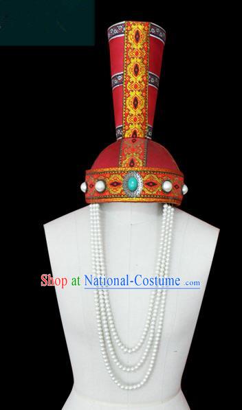 Traditional Chinese Mongol Nationality Hair Accessories Mongols Princess Pearls Tassel Hat, Chinese Mongolian Minority Nationality Headwear for Women