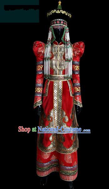 Traditional Chinese Mongol Nationality Dance Costume Female Red Pleated Dress, Chinese Mongolian Minority Nationality Princess Embroidery Wedding Clothing for Women