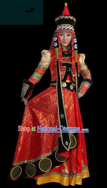 Traditional Chinese Mongol Nationality Wedding Costume Female Pleated Skirt, Chinese Mongolian Minority Nationality Princess Embroidery Costume for Women