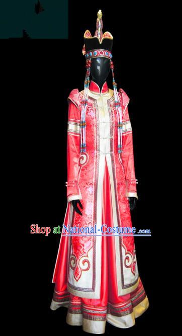 Traditional Chinese Mongol Nationality Wedding Costume Female Red Pleated Skirt, Chinese Mongolian Minority Nationality Princess Embroidery Costume for Women