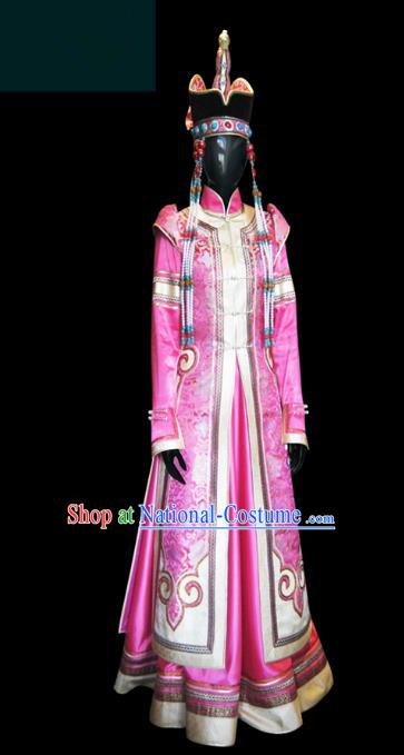 Traditional Chinese Mongol Nationality Wedding Costume Female Pink Pleated Skirt, Chinese Mongolian Minority Nationality Princess Embroidery Costume for Women