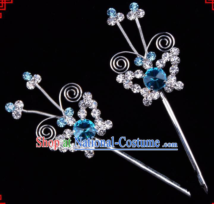 Traditional Beijing Opera Diva Hair Accessories Blue Crystal Butterfly Hairpins, Ancient Chinese Peking Opera Hua Tan Hair Stick Headwear