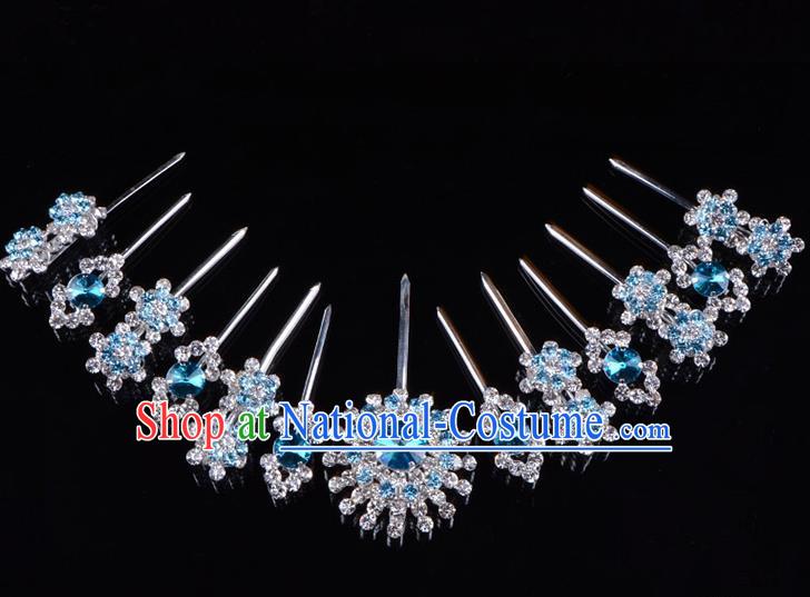 Traditional Beijing Opera Diva Hair Accessories Blue Crystal Hairpins Head Ornaments Complete Set, Ancient Chinese Peking Opera Hua Tan Hair Stick Headwear