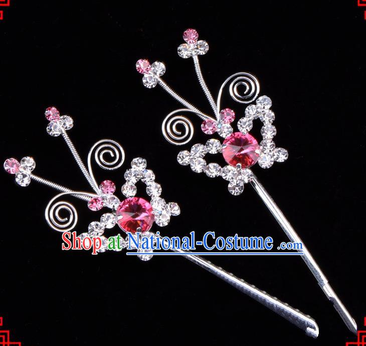 Traditional Beijing Opera Diva Hair Accessories Pink Crystal Butterfly Hairpins, Ancient Chinese Peking Opera Hua Tan Hair Stick Headwear