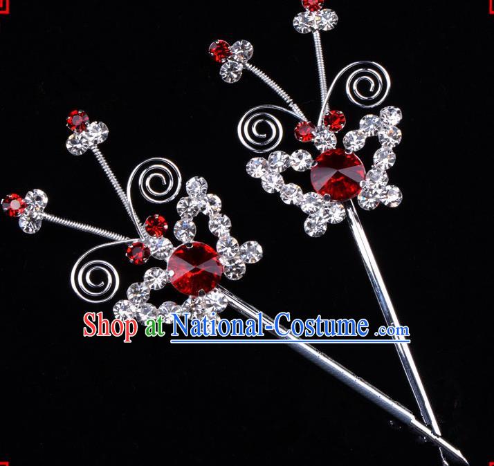 Traditional Beijing Opera Diva Hair Accessories Red Crystal Butterfly Hairpins, Ancient Chinese Peking Opera Hua Tan Hair Stick Headwear