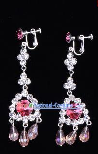 Traditional Beijing Opera Diva Jewelry Accessories Pink Crystal Earrings, Ancient Chinese Peking Opera Hua Tan Tassel Eardrop