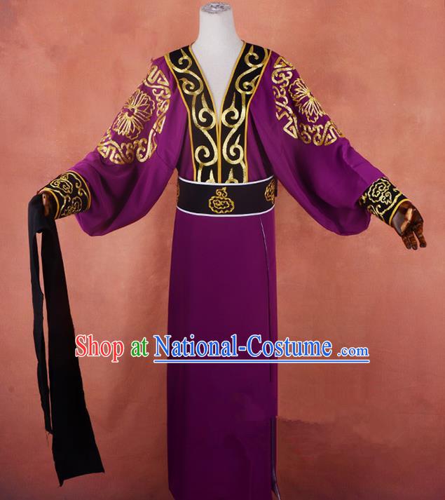 Top Grade Professional Beijing Opera Taoist Priest Costume Purple Embroidered Robe, Traditional Ancient Chinese Peking Opera Elder Zhang Guo Embroidery Clothing