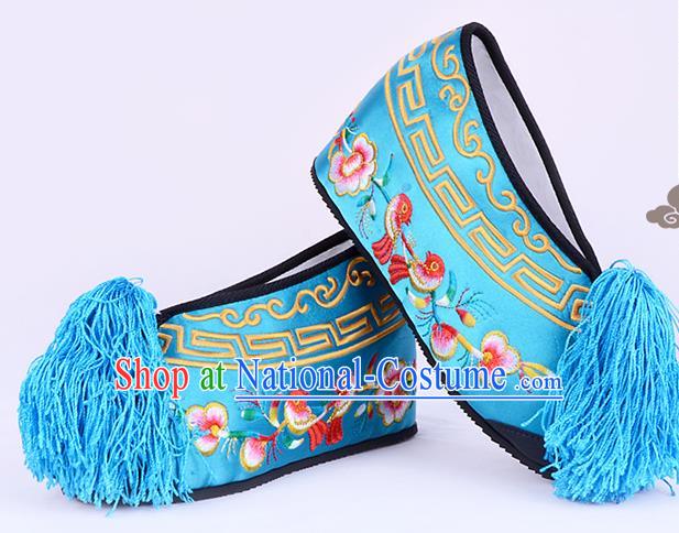 Traditional Beijing Opera Hua Tan Embroidered Shoes Young Lady Princess Shoes, Ancient Chinese Peking Opera Diva Deep Blue Blood Stained Shoes