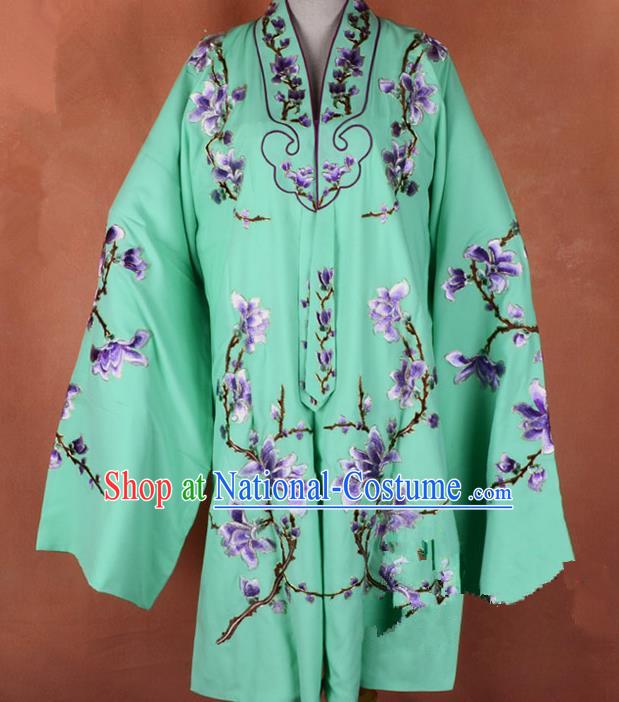 Top Grade Professional Beijing Opera Young Lady Costume Hua Tan Green Embroidered Outerwear, Traditional Ancient Chinese Peking Opera Diva Embroidery Mangnolia Clothing