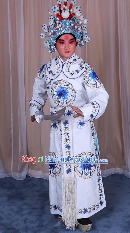 Traditional China Beijing Opera Takefu General Costume, Ancient Chinese Peking Opera Wu-Sheng Warrior Embroidery White Clothing