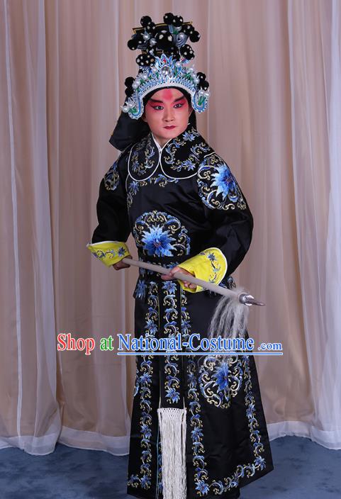 Traditional China Beijing Opera Takefu General Costume, Ancient Chinese Peking Opera Wu-Sheng Warrior Embroidery Black Clothing