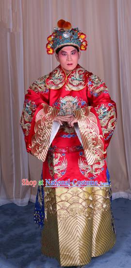 Top Grade Professional Beijing Opera Emperor Costume Red Embroidered Robe Gwanbok, Traditional Ancient Chinese Peking Opera Royal Highness Embroidery Dragons Clothing