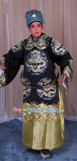 Top Grade Professional Beijing Opera Emperor Costume Black Embroidered Robe Gwanbok, Traditional Ancient Chinese Peking Opera Royal Highness Embroidery Dragons Clothing