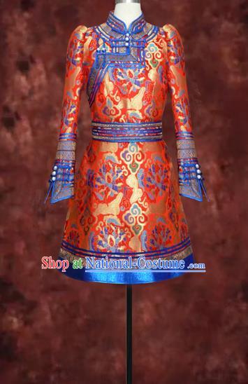 Traditional Chinese Mongol Nationality Dance Costume, Mongols Female Folk Dance Ethnic Wedding Robe, Chinese Mongolian Minority Nationality Embroidery Costume for Women