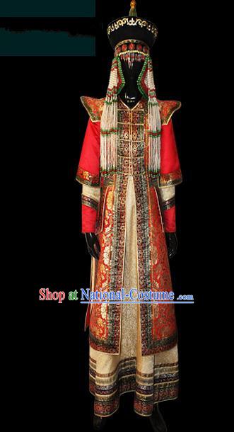 Traditional Chinese Mongol Nationality Dance Costume Complete Set, Mongols Female Folk Dance Ethnic Wedding Robe, Chinese Mongolian Minority Nationality Embroidery Costume for Women